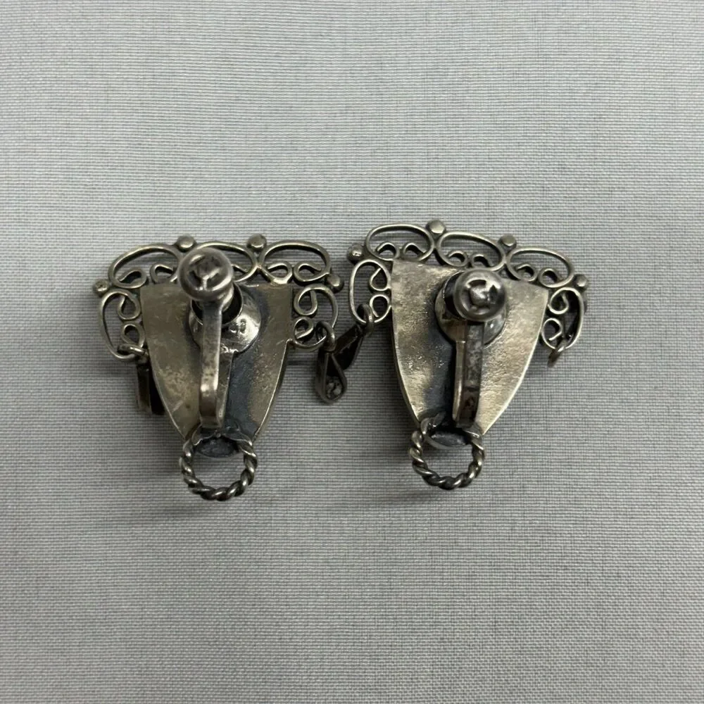 Vintage Mexico Sterling Silver Black Onyx Carved Mask Brooch and Earring Set MCM